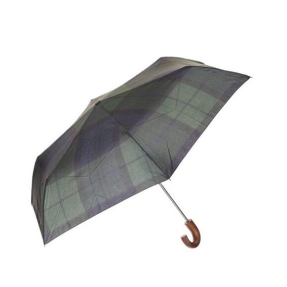 EUC Barbour Tartan Compact Umbrella | Green Blue Plaid w/ Wood curved Handle - Picture 1 of 10